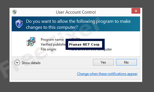 Screenshot where Pranas NET Corp appears as the verified publisher in the UAC dialog